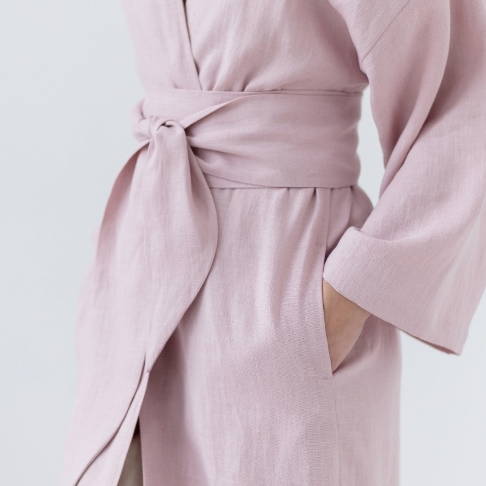 100% Stonewashed Linen Bathrobe – Charcoal Grey, Size S (Extra-Long) - Picture 6 of 12
